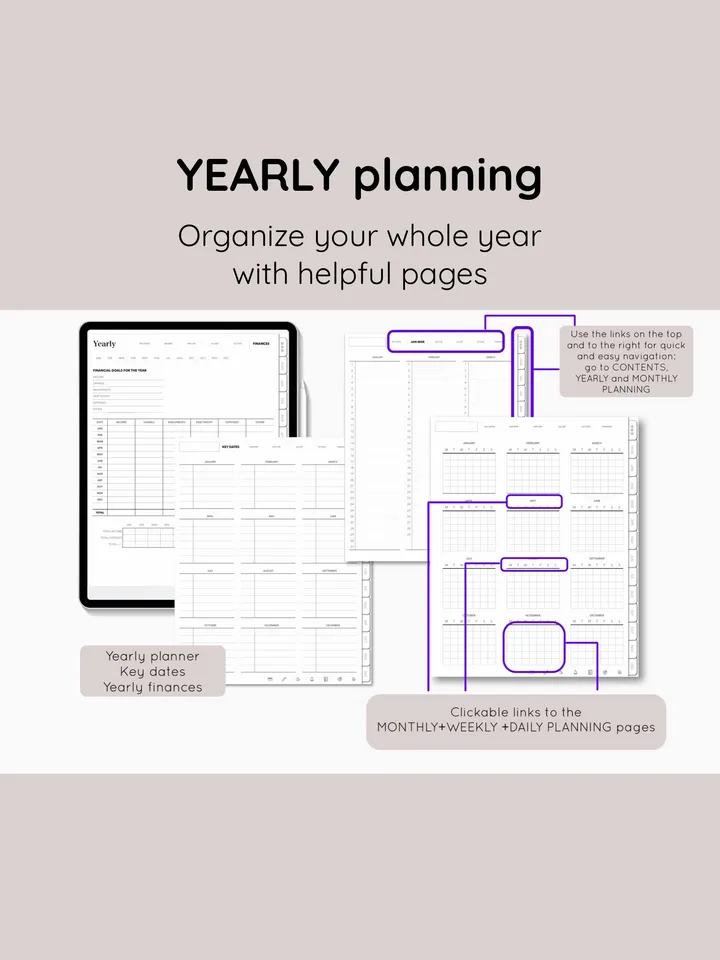 Undated digital planner. GoodNotes PDF planner. Hyperlinked Android Planner