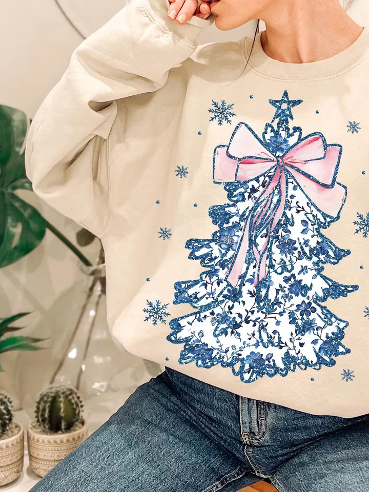 Coquette Glitter Chinoiserie Christmas Tree Png, Coquette Blue Christmas Png, Christmas Toile Png, Blue Floral Bow, Preppy Christmas Png
