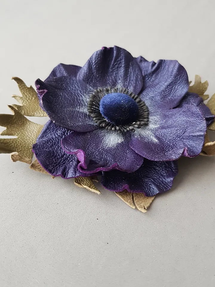 Dark blue leather brooch for her, Leather women's jewelry