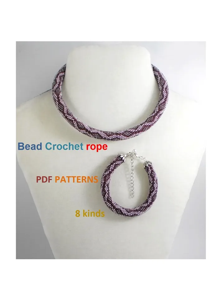 Bead crochet rope patterns «Chain» necklace and bracelet, 8 kinds, Instant Download, Pdf fail