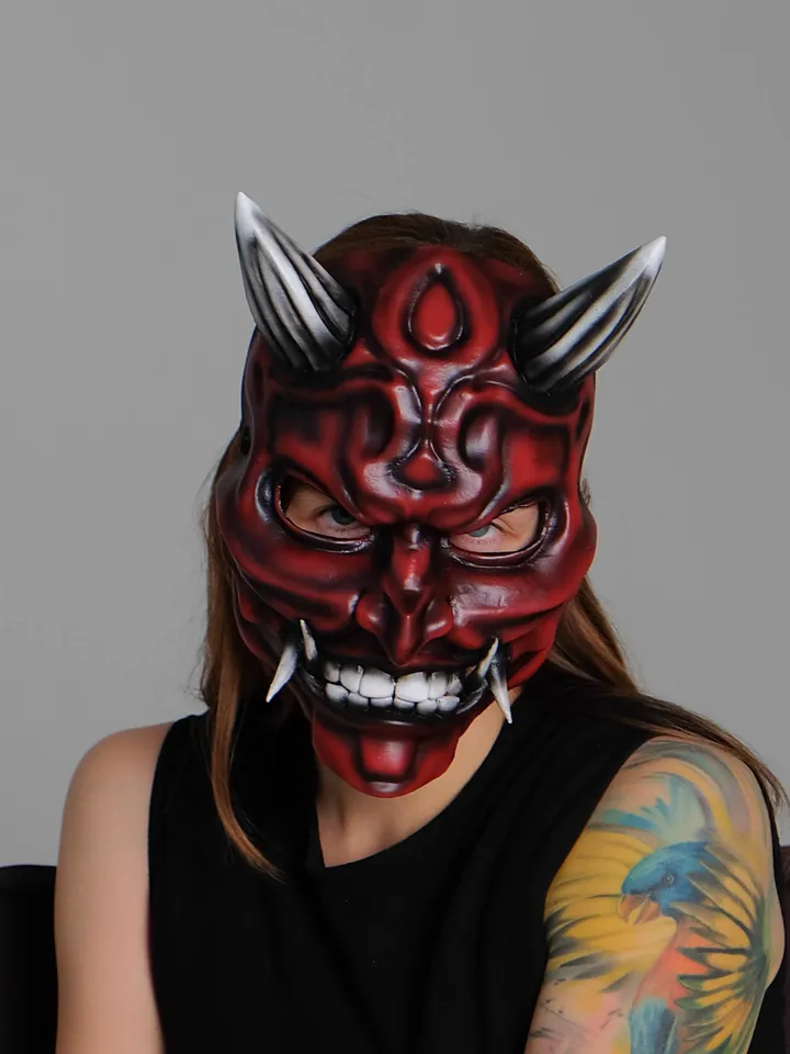 Japanese Oni Mask, red oni mask, wearable mask, tengu mask, kabuki mask, japanese demon mask, japanese theater, demon mask