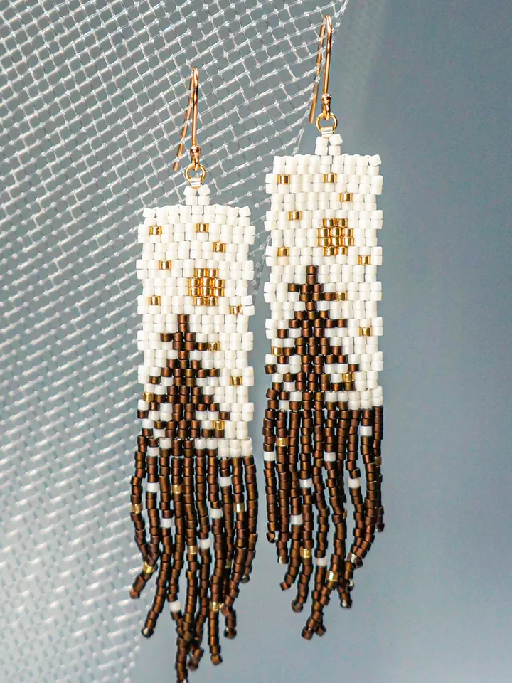 Trees-Patterned brown pine Japanese Bead and sterling Silver Earrings A Fusion of Elegance and Nature
