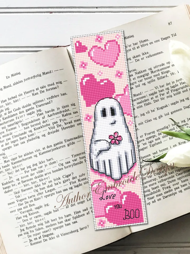 Ghost bookmark cross stitch pattern PDF download Valentine ghost cross stitch chart, Heart bookmark pattern digital PDF, Cute ghost #B370