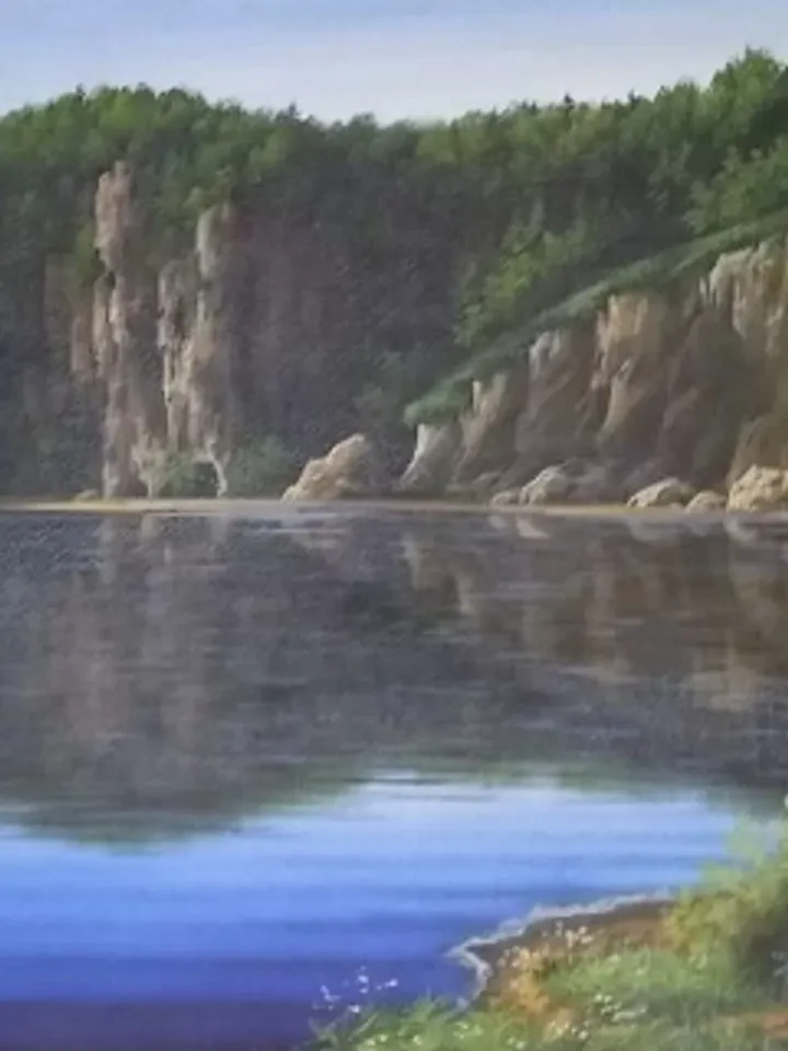 Painting on canvas "Mountain place", oil, size 107x57 cm, framed