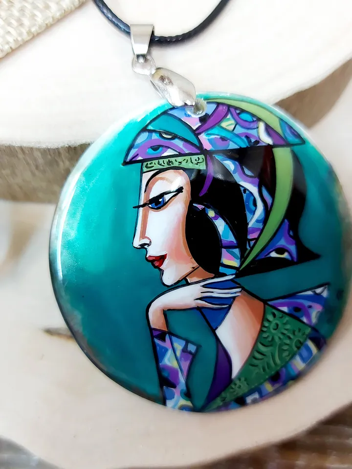 Pendant "In purple tones 2" Mother-of-pearl Hand-painted Art gift Russian necklace, fine art jewelry Fedoskino