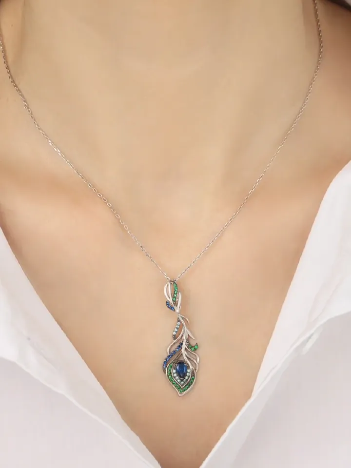 Women's neck pendant rhodium plated 925 sterling silver with cubic zirconia, Peacock Feather