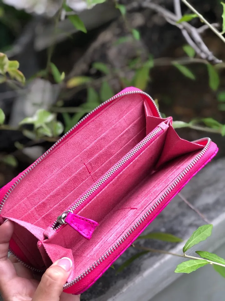 Wallet genuine python skin fuchsia bright color, women wallet, leather lady wallet, classic zip wallet, design wallet handmade, money wallet