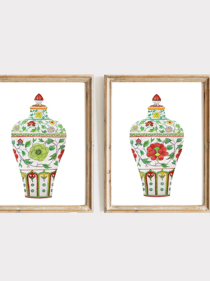 Green Set Of 2 Ginger Jars,Asian Vase Print, Chinoiserie Vase Wall Art Print ,Chinoiserie Set, Home Decor, Gift Idea For Living Room