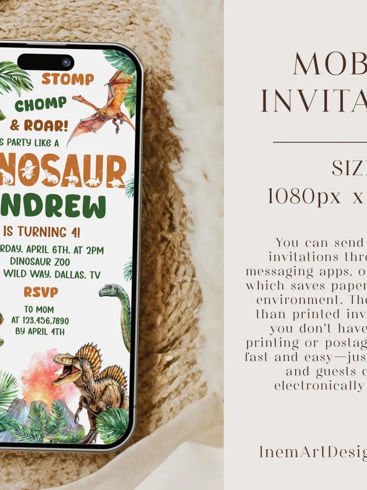 Dinosaur Birthday Invitation, Dinosaur Birthday Party Invite Template, Stomp Chomp and Roar Dinosaur Birthday, Boy Birthday Invitation Canva