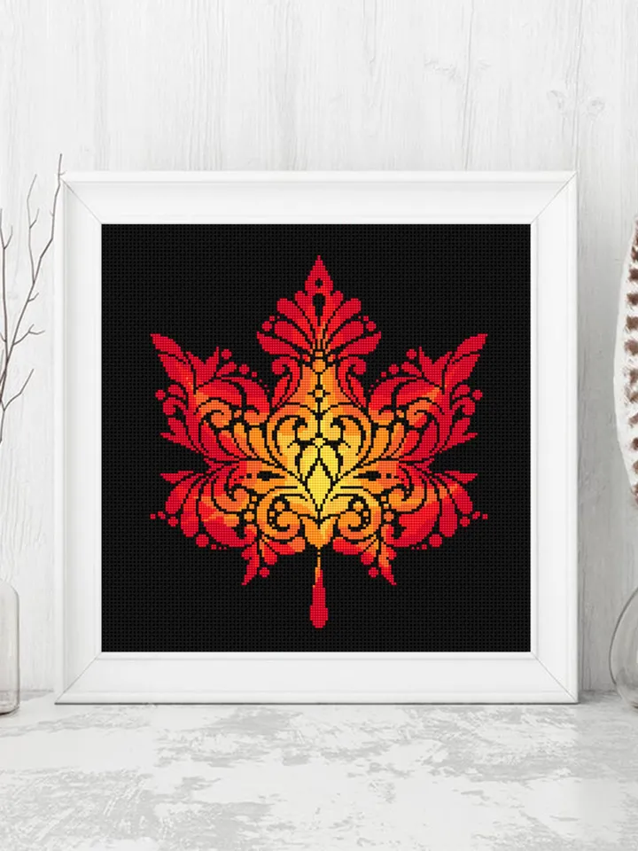 Maple leaf mandala cross stitch pattern PDF download Autumn leaf cross stitch chart, Fall hand embroidery PDF, Vintage leaf ornament #M211