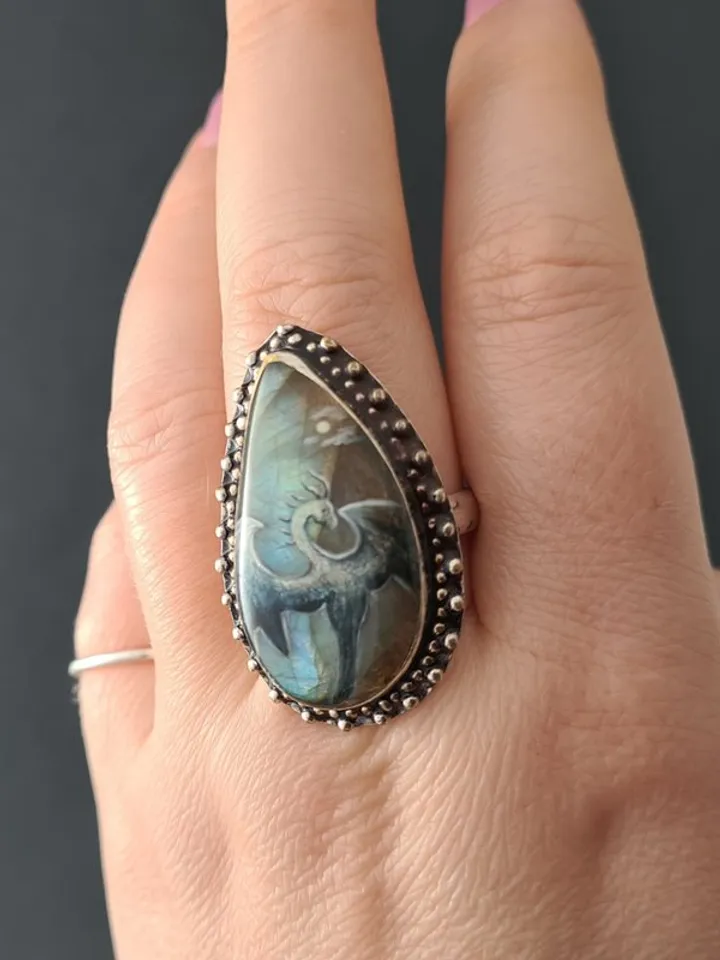 Dragon ring Labradorite ring Stone painting dragon Aaa large labradorite ring
