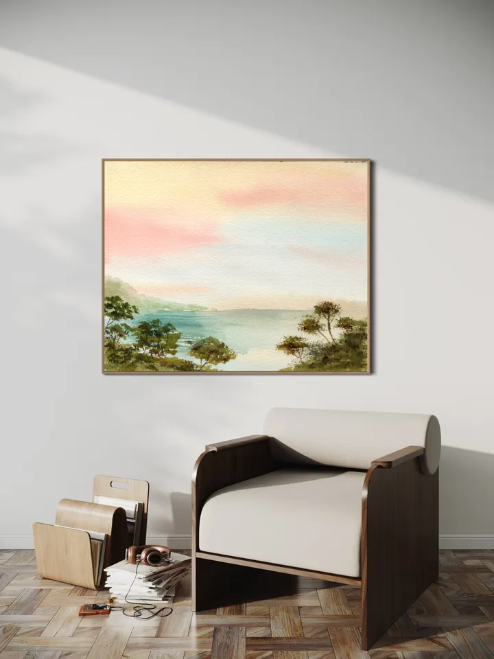 Colorful Landscape Watercolor Painting Art Print, Pink Sunset Art, Pastel Color Art, Boho Office Decor, Pink Landscape, Preppy Girl Decor