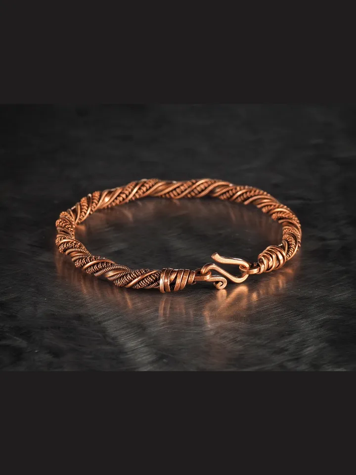 Unique wire wrapped narrow copper bracelet Healing handcrafted art jewelry for husband or wife 7th 22nd Wedding Anniversary gift idea Unique pure copper wire wrapped jewelry Antique style Handmade statement artisan jewellery Healing copper therapy bracele