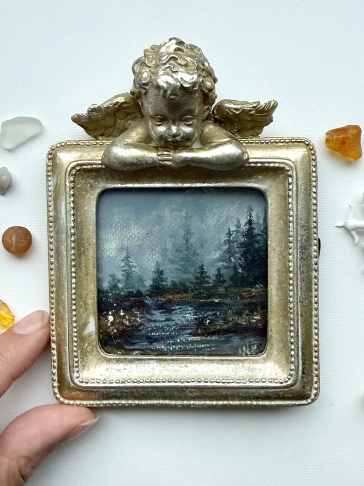 Small Landscape Painting Framed Original Foggy Cliff Painting Antique Misty Art Coastal Gold Frame Tiny Paintings 4 x 4 Art Victorian artwork