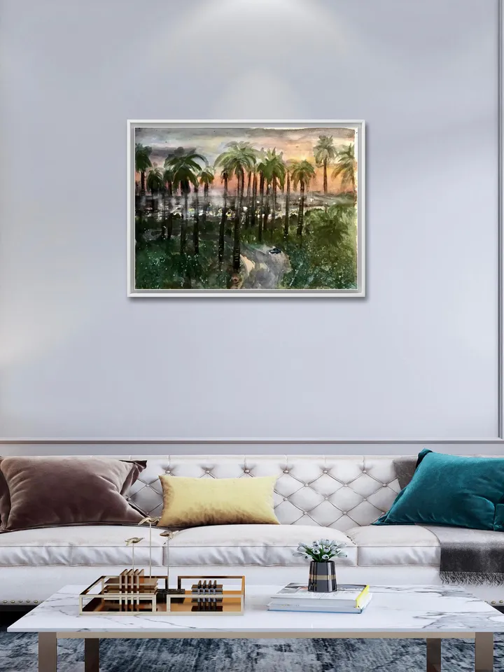 Los Angeles original watercolour painting,sunset palm trees painting,wall art,city painting,USA painting,unique handmade watercolor art.