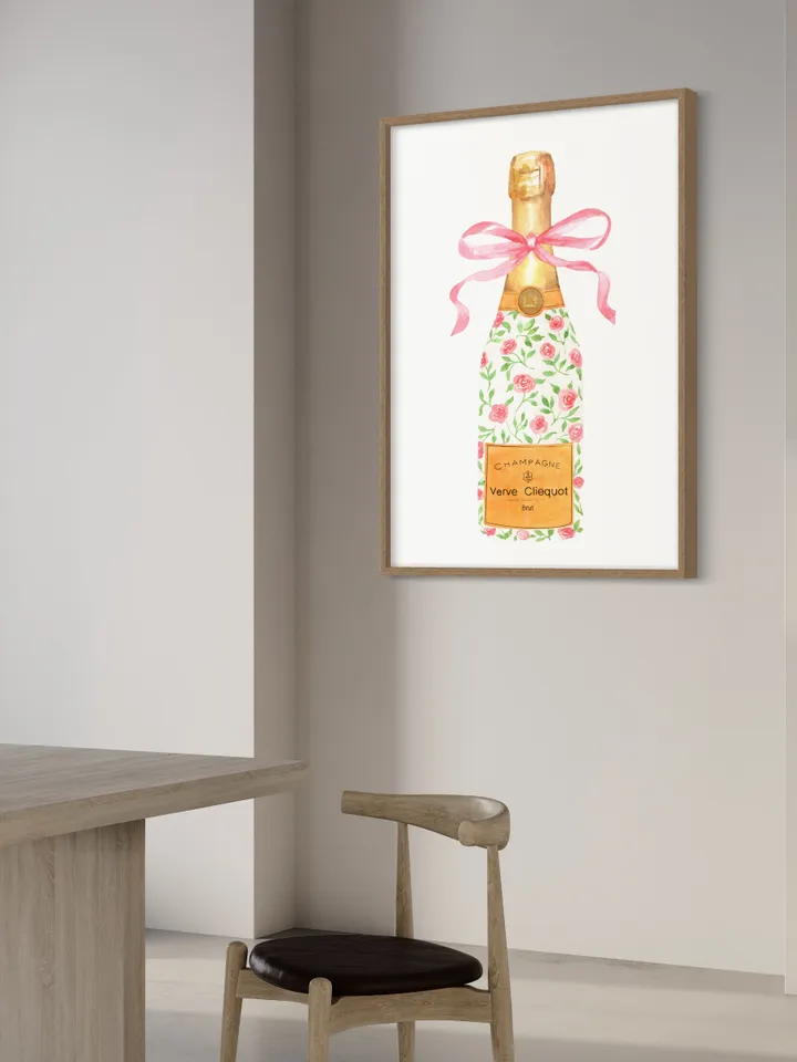 Champagne Bottle Chinoiserie Style Wall Art Print,Pink Watercolor Bar Cart Print, Cocktail Decor,Wine Wall Art,Preppy Bar Cart, Gift For Her