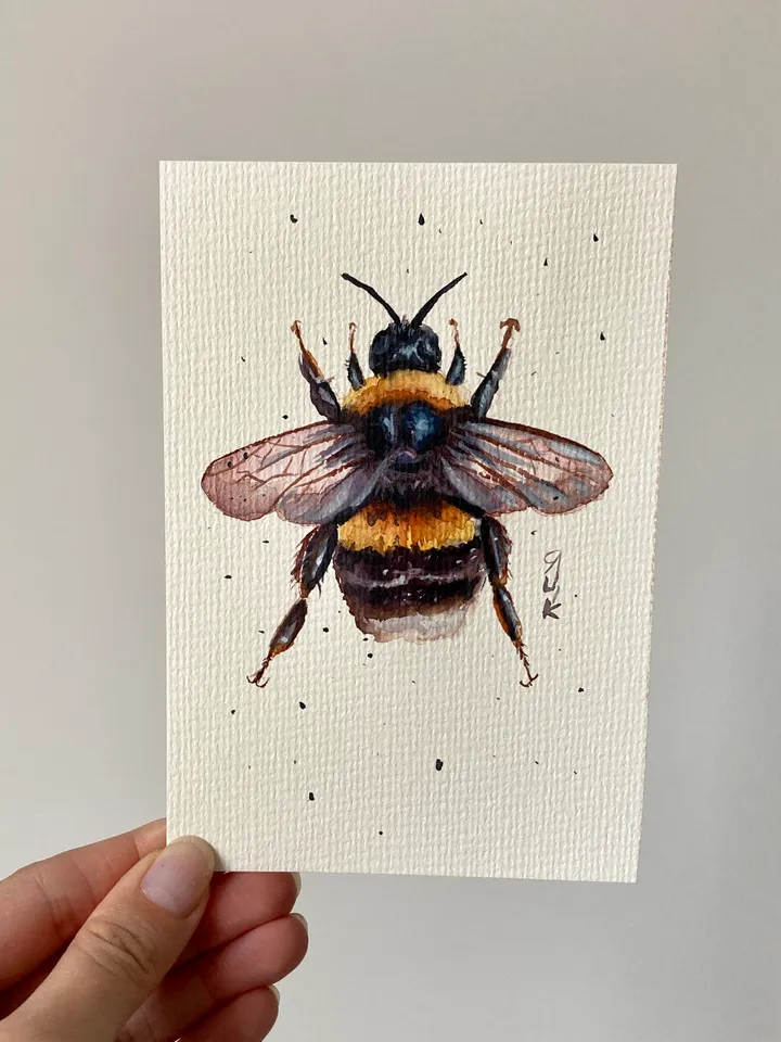 Bee Painting Original Watercolor Painting Gift Small Insect Art Bumblebee Illustration 4x6