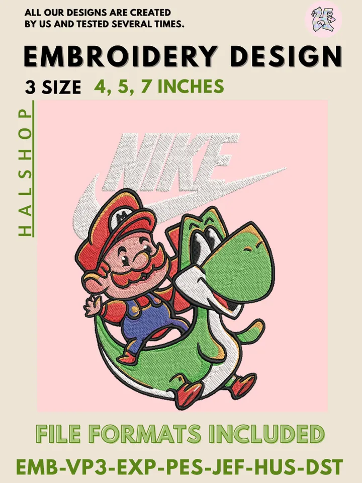 Super Mario World x Nike Machine Embroidery Design – Classic Nintendo Cartoon Digital Embroidery File 🍄👟