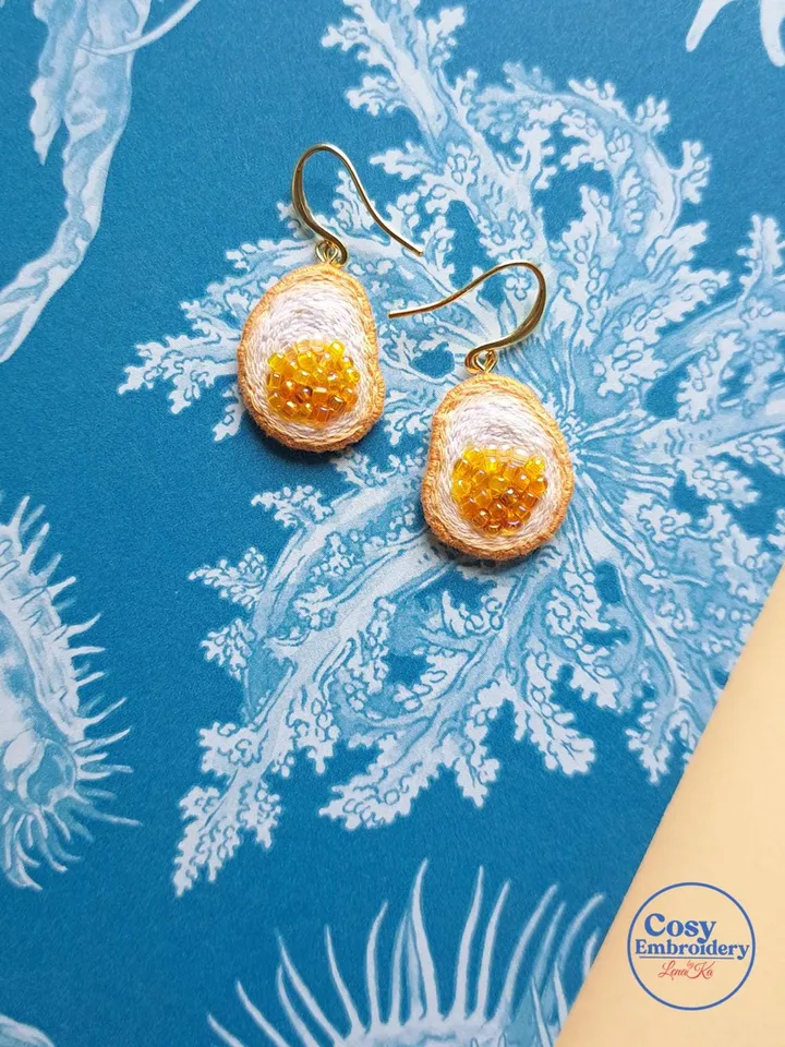 Sunny-Side Up Egg Earrings Hand-Embroidered Foodie Jewelry Quirky Artisan Accessories Boho Food Art Cooking Enthusiast Gift Brunch Outfit