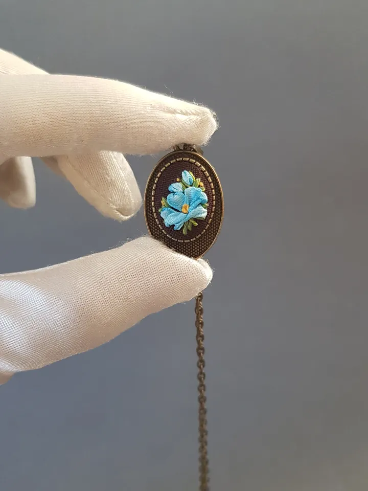 Ribbon embroidered pendant for her, blue jewelry embroidery