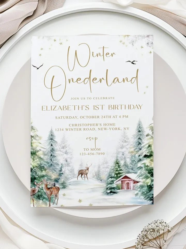 Winter Onederland 1st Birthday Invitation, Snow Woodland 1st Birthday Invite, Winter Onederland, Printable 1st Birthday Invitation - I128