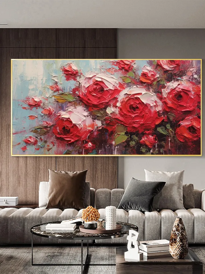 Original Roses Oil Painting On Canvas, Abstract Red Flowers Painting, Large Wall Art, Custom Painting, Living room Wall Decor, Home Decor