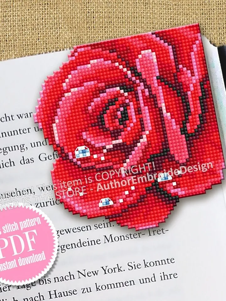 Corner bookmark cross stitch pattern PDF download Red rose cross stitch chart, Rose bookmark pattern digital PDF, Bookmark for women #B313