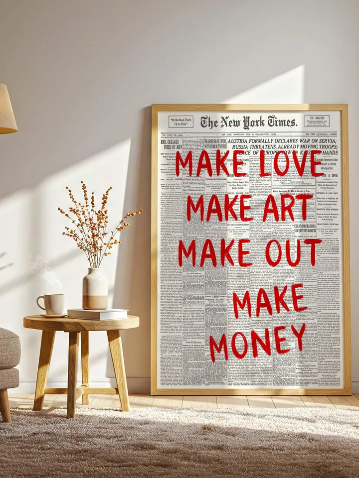 Make Love Make Art Make Out Make Money Typography Print, Trendy Newspaper Print, Digital Download Art, Retro Aesthetic Print, Vintage Poster