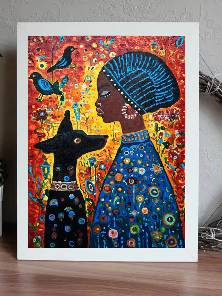 African Girl and Dog Original Oil painting Oil on canvas
