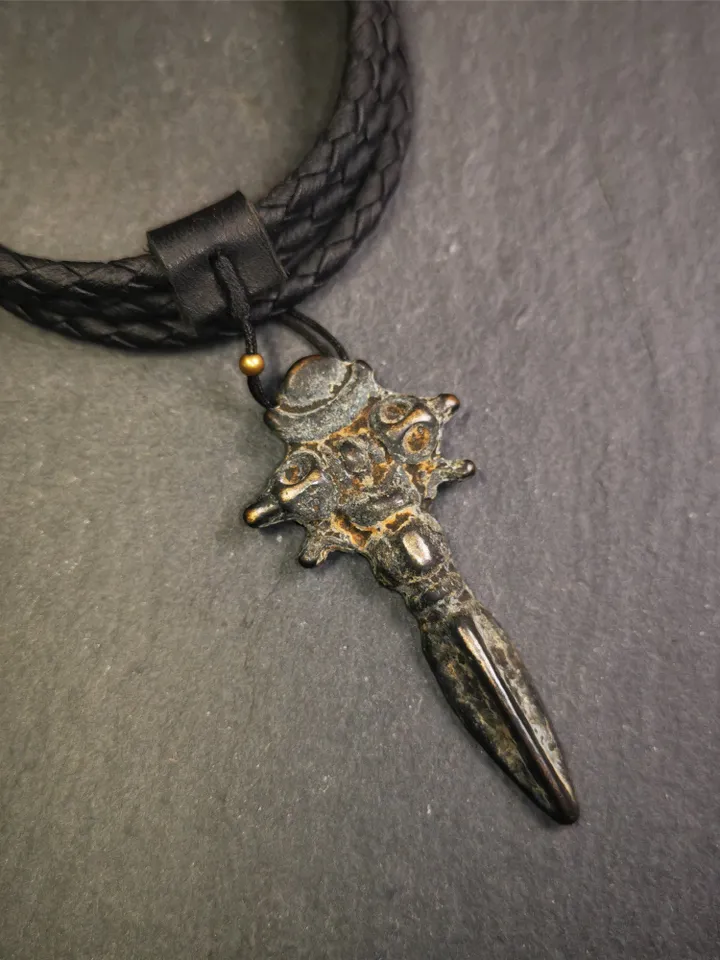 Gandhanra Antique Tibetan Amulet Necklace,Cross Vajra Phurba,Kila(Dorje Phurba) ,Made of Thokcha,70 Years Old,2.36"