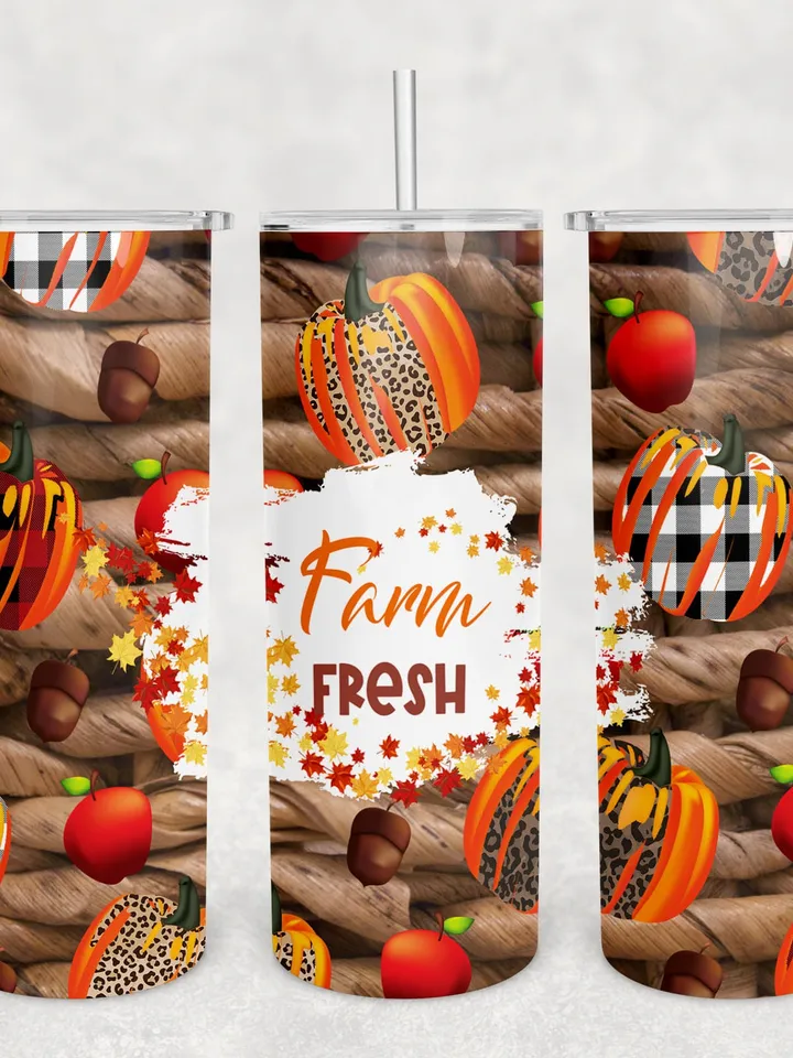 Farm fresh Pumpkin tumbler wrap Leopard print Plaid sublimation Skinny tumbler 20oz Sublimation Designs Downloads PNG