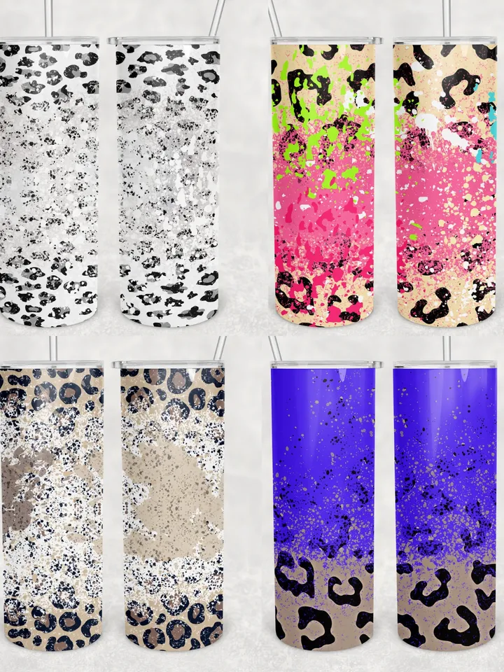 Personalized Bleached spots Leopard print tumbler 20oz skinny 12pcs Sublimation Tumbler wrap Power Wash Cheetah tumbler designs sublimation
