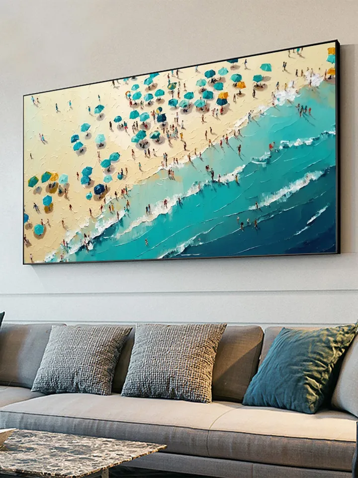 Large Original Beach Oil Painting on Canvas, Abstract Blue Seascape Painting, Texture Wall Art, Custom Painting, living room Wall Decor