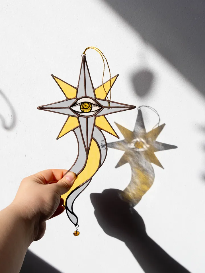 Stained glass ornament, Celestial home decor, Star Art