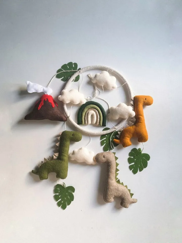 Dinosaur crib baby mobile with rainbow cloud star monstera. Baby shower gift ide