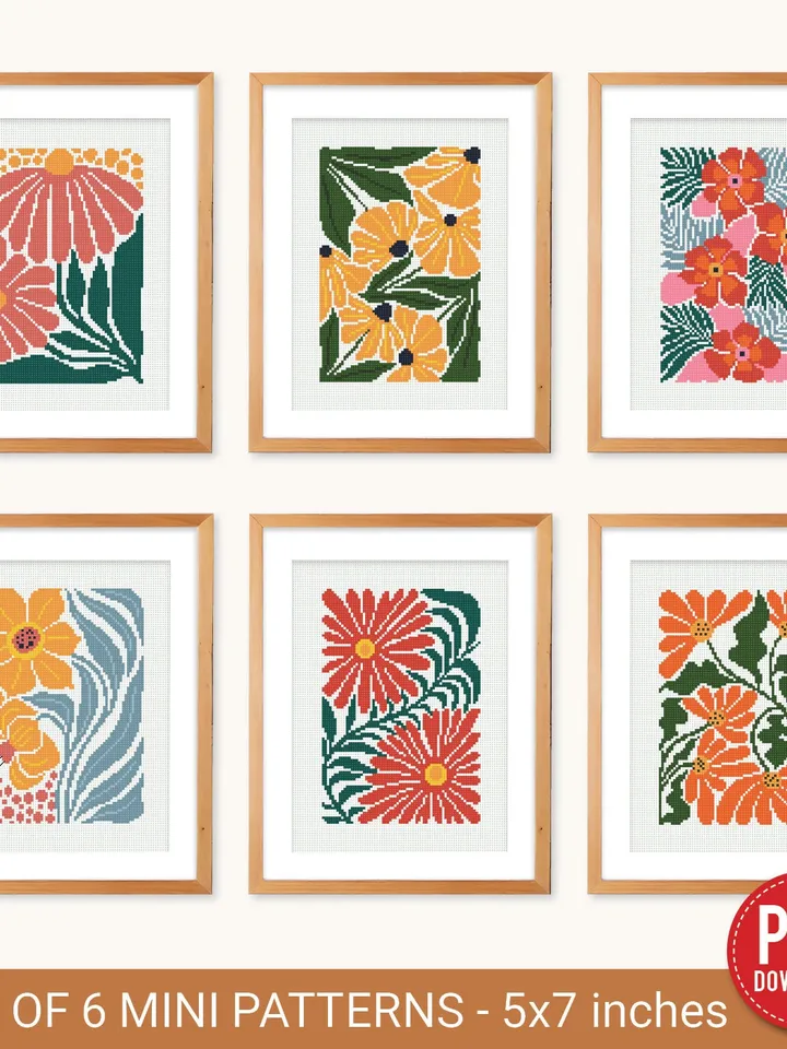 Bundle of 6 mini contemporary Flowers Cross stitch patterns Abstract floral Plant beginner counted modern chart DIY embroidery instant PDF
