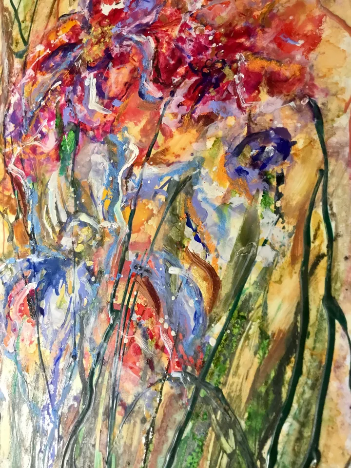 Fantasy colourful flowers on yupo paper original mix media painting,modern fantasy wall art,flowers painting,unique handmade decor gift