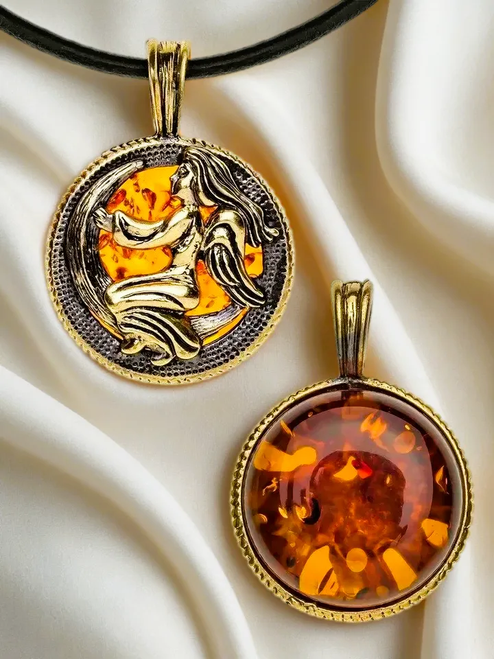 Virgo Zodiac Pendant Necklace Gold Black Brass and Amber Pendant Virgo horoscope jewelry gift for men women