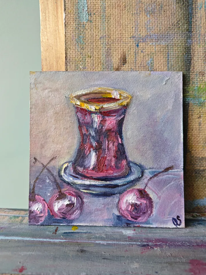 Cherries And Hibiscus Red Tea Original Painting Fruit Original Art Cherries And Glass Red Tea Modern Artwork Bright Cherry Oil Painting Cherry Fruit And Hibiscus Tea Wall Art Decor 5 x 5 inches by OlgaSokolovaArt