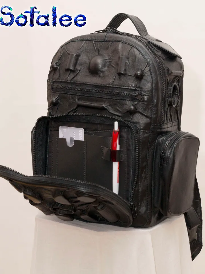 Backpack of genuine leather black color, 3D details modern style. Outdoor Casual Backpack.