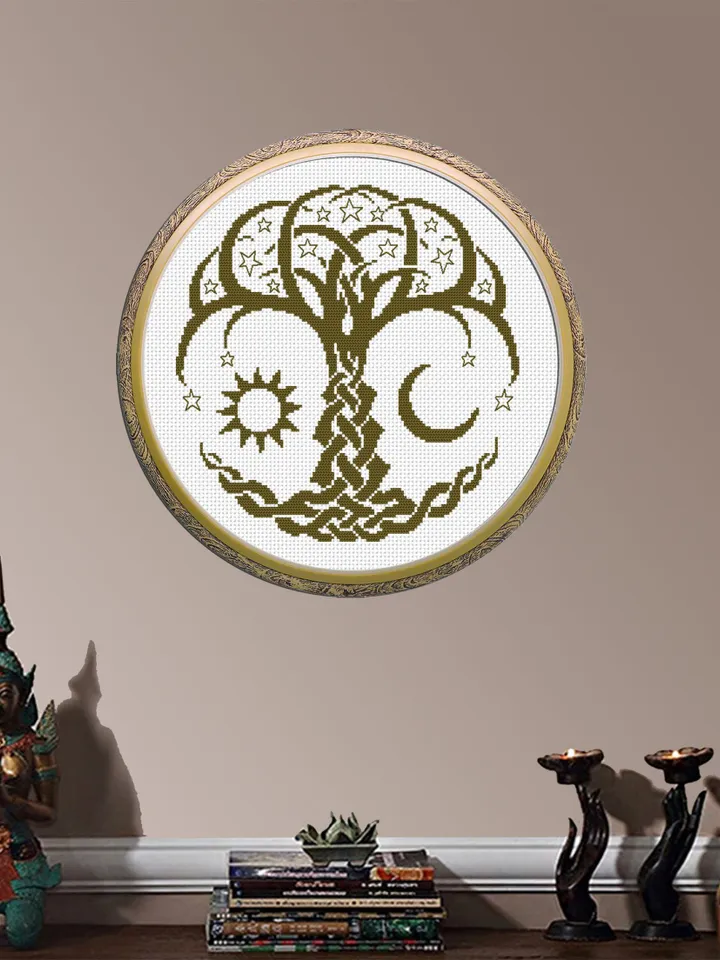 Celtic Tree of life cross stitch pattern PDF Monochrome mandala cross stitch chart, Tree embroidery Instant download PDF, Sun and moon #M189