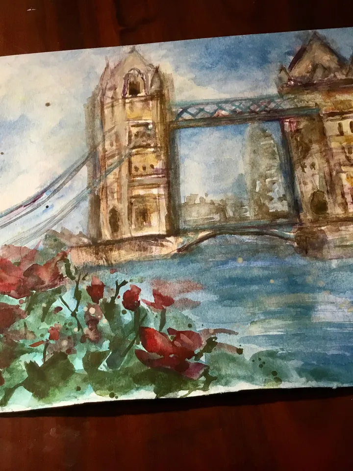 London tower bridge,original watercolour painting,London cityscape,England painting,world capitals wall art,London in flowers,home decor