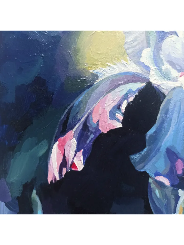Painting with garden flowers, "Iris flower", original acrylic painting on cardboard 35x25cm
