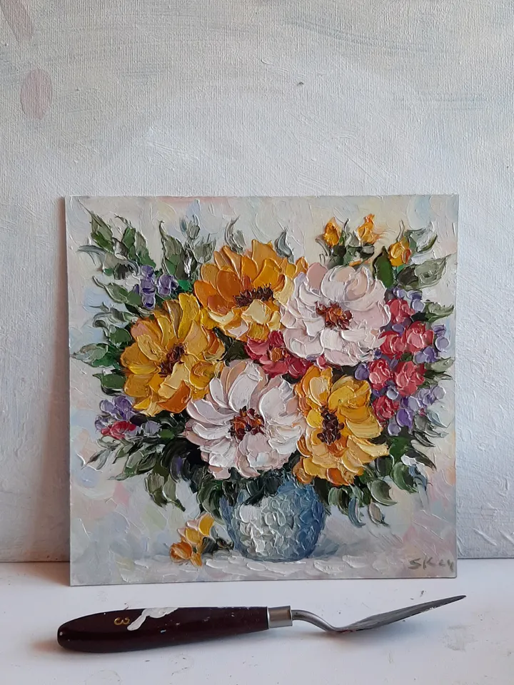 Small Flower oil painting Original art Textured Vaze wall art Yellow flowers painting