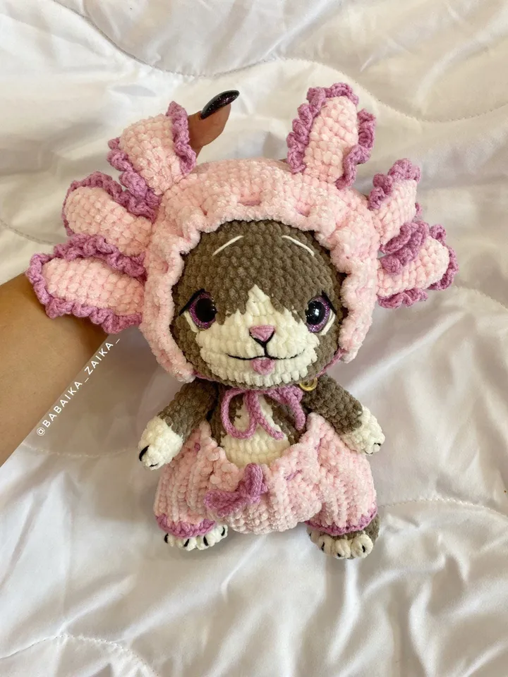 PDF Amigurumi Cat Axolotl pattern, Crochet mexican Axolotl, pink salamander pattern, crochet Axolotl plush toys