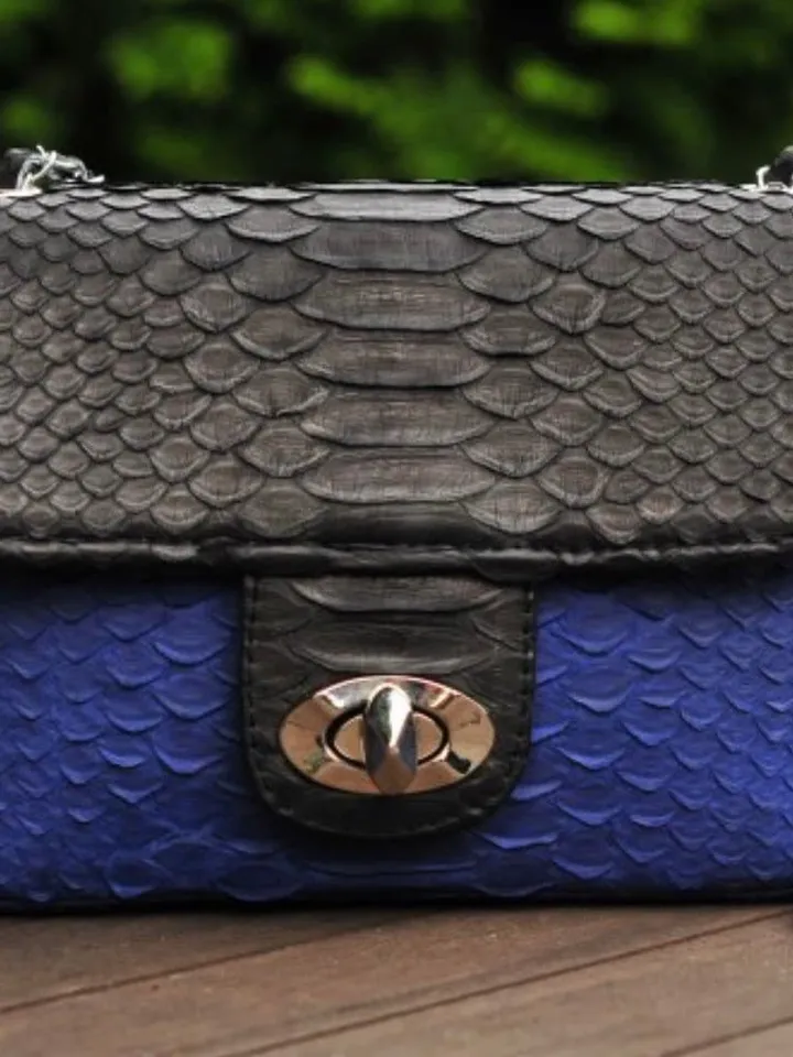 Genuine Python Skin crossbody black and blue bag | Adjustable Chain Classy Elegant Crossbody Small Lady Classy Bag | Python ColorblockPurse