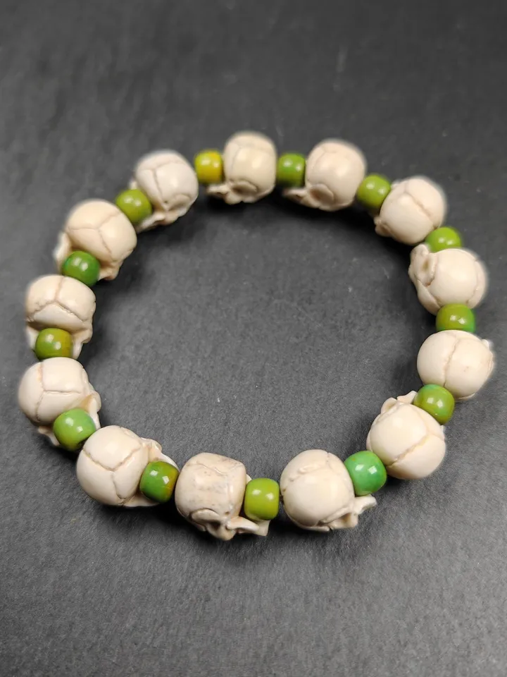 Authentic Tibetan Citipati Skulls Bead Bracelet | Unique White Deer Antler Carved Wrist Mala with Mixed Turquoise