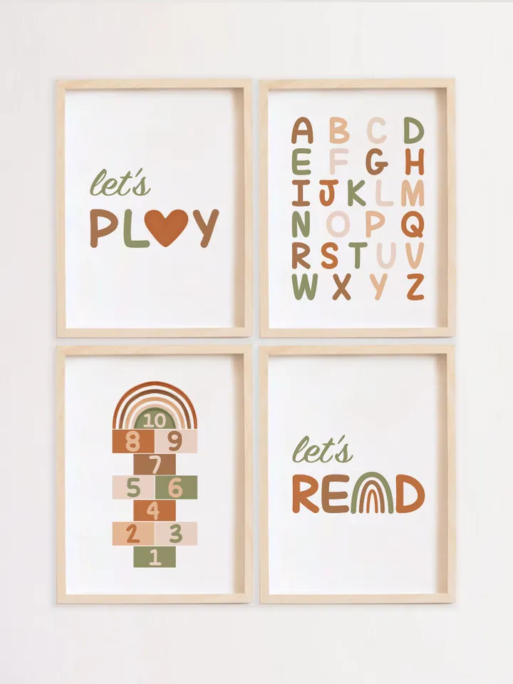 Let's Play Let's Read Sign Boho Rainbow Heart Numbers Rainbow Alphabet Poster Nursery Print Set Of 4 Digital Boy Girl Toddler Playroom Sign