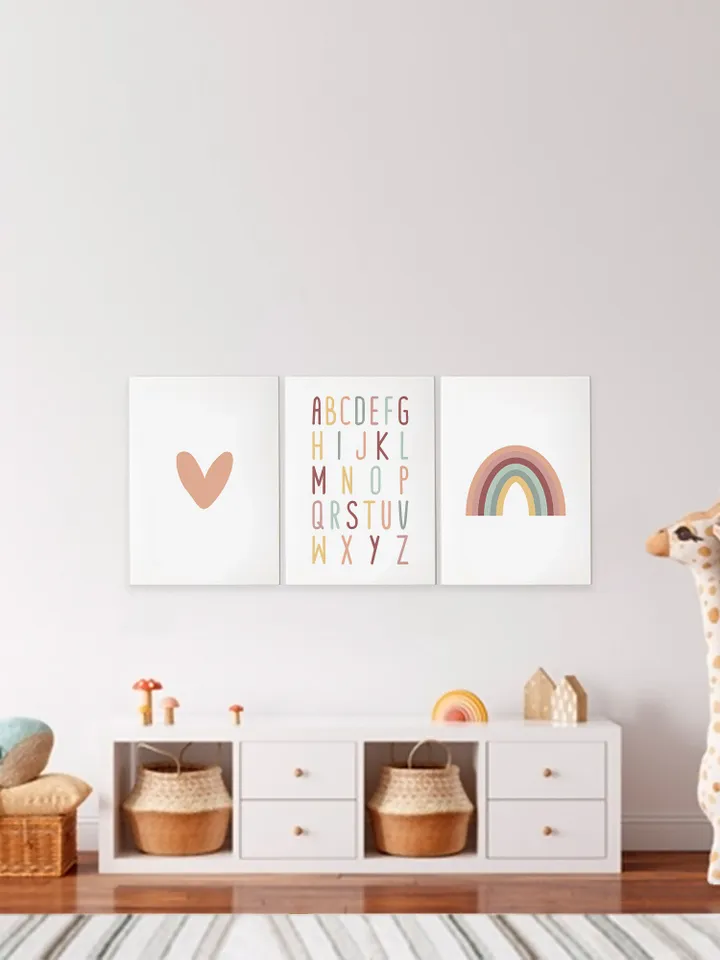 Set of 3 Alphabet Letters, ABC Poster, Heart And Rainbow, Boho Nursery Wall Art - Playroom Printable Decor - Instant Digital Download