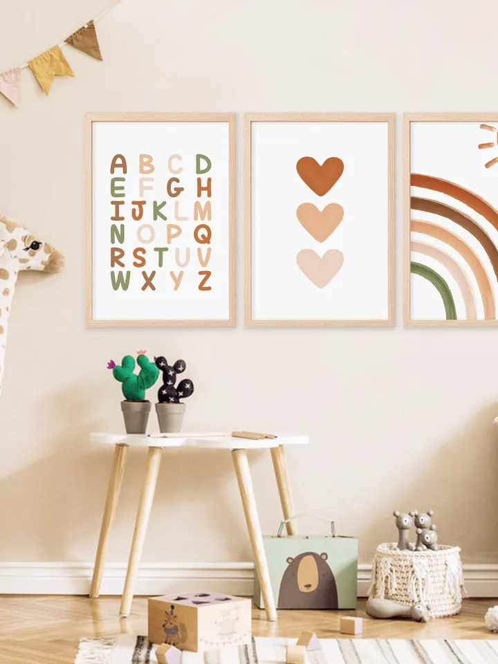 Set of 3 Alphabet Letters, Sun And Rainbow, Hearts Boho Nursery Wall Art - ABC Playroom Printable Decor - Instant Digital Download